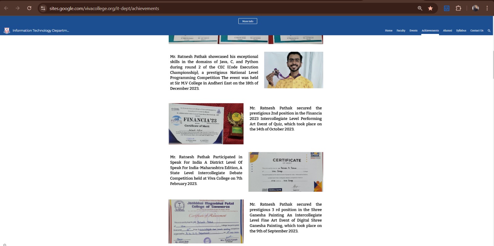 Viva College Achievements